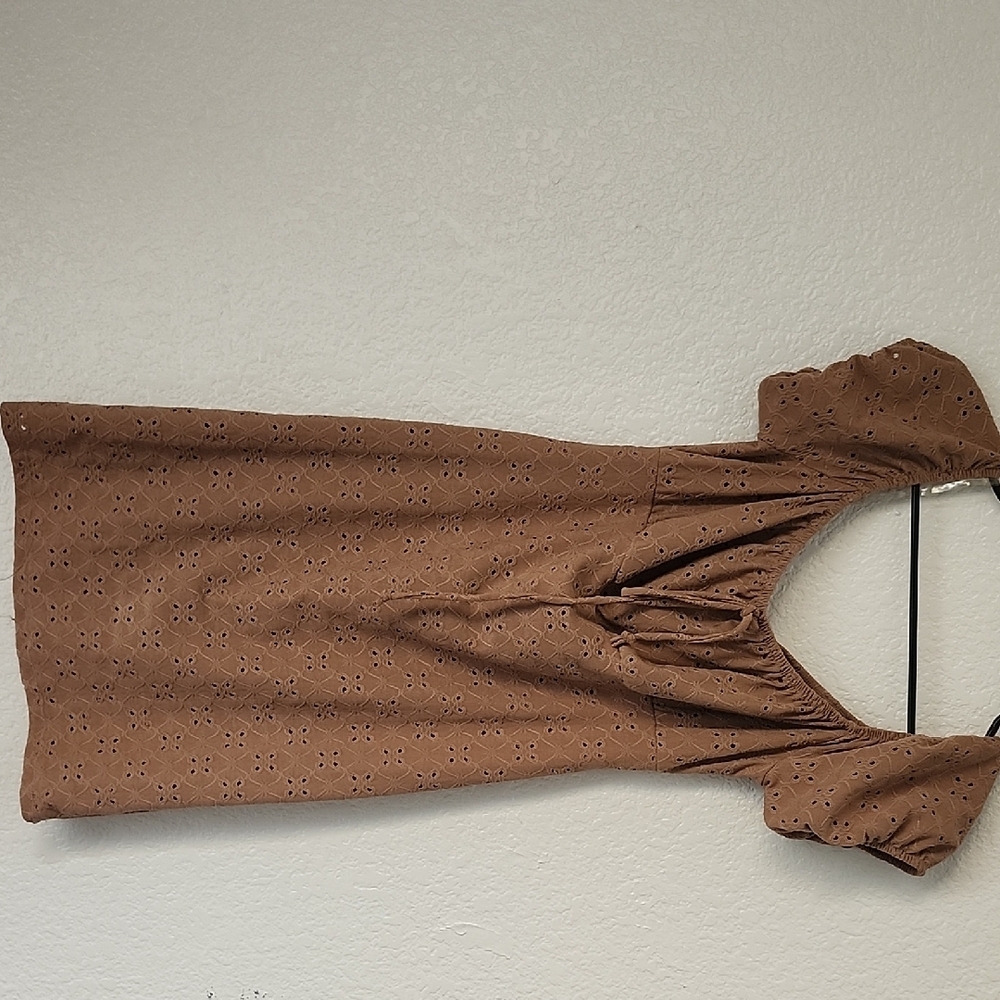 Brown Sheath Mini Dress with Puff Sleeves